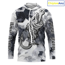 Load image into Gallery viewer, Front view of personalized fish skeleton hooded fishing shirt for men with fish reaper skull design