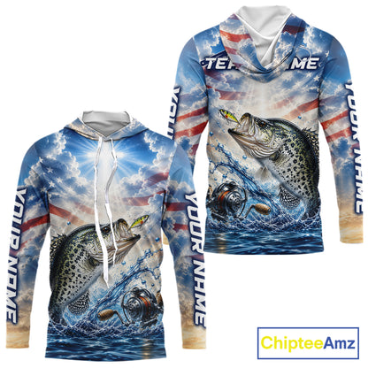 Custom Faith Crappie American Flag Patriotic Long Sleeve Hooded Fishing Shirt, US Fishing Jerseys NBT947