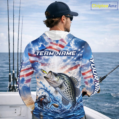 Custom Faith Crappie American Flag Patriotic Long Sleeve Hooded Fishing Shirt, US Fishing Jerseys NBT947