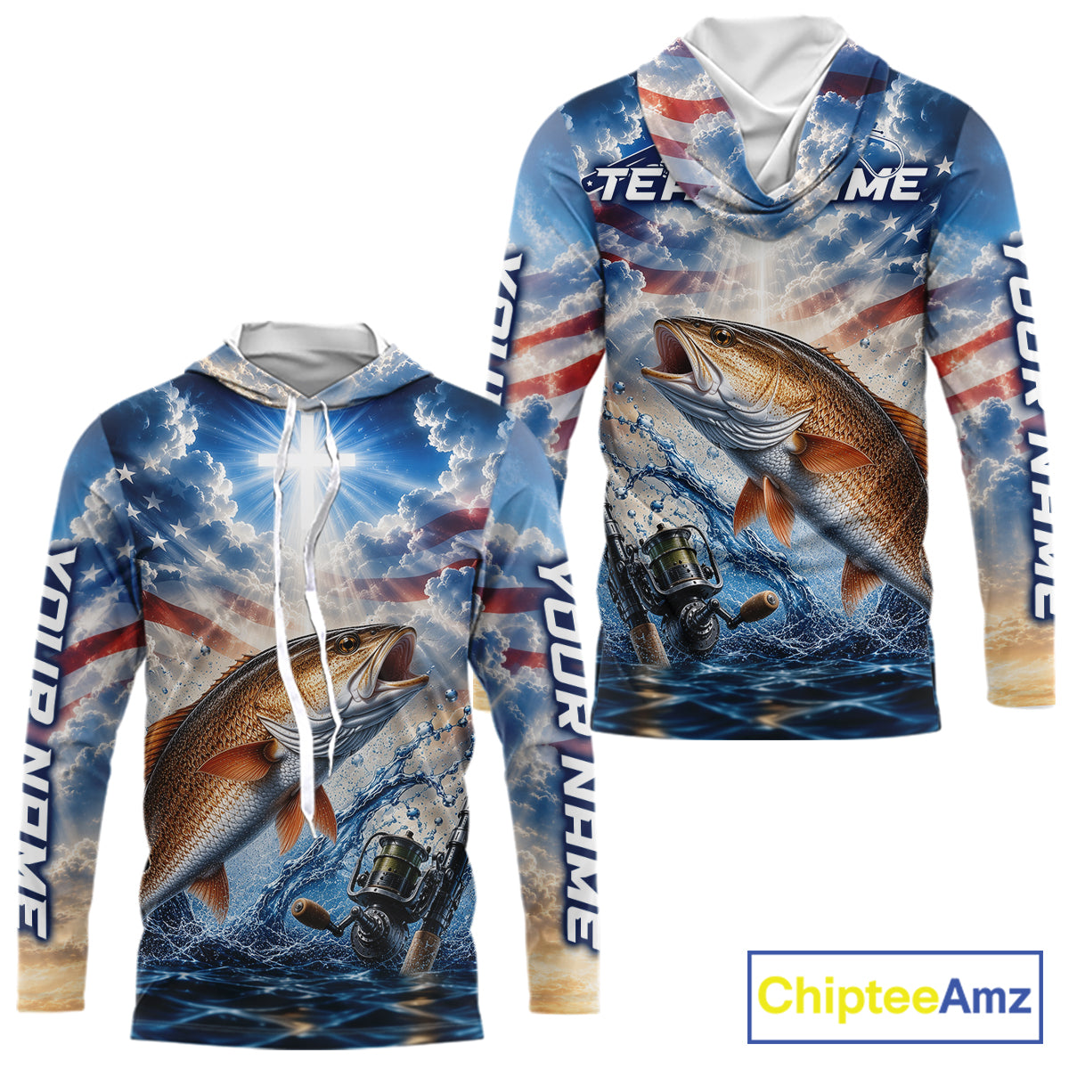 Custom Faith Redfish American Flag Patriotic Long Sleeve Hooded Fishing Shirt, US Fishing Jerseys NBT949