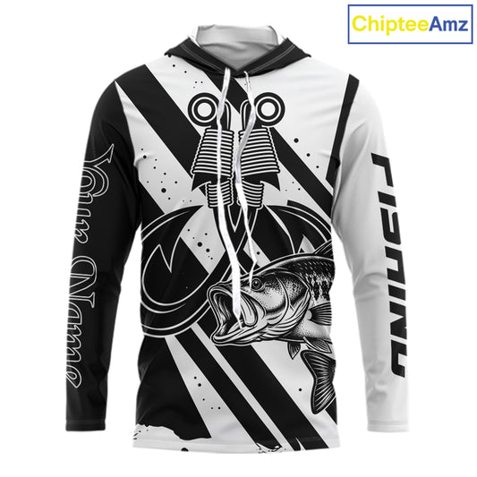Front view of black and white largemouth bass long sleeve hooded fishing shirt with sun protection