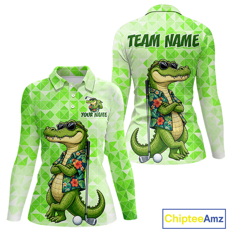 Funny Green Alligator Golf Polo Shirt Womens Custom Name Team Golf Shirts, Golf Gifts | Green NBT950
