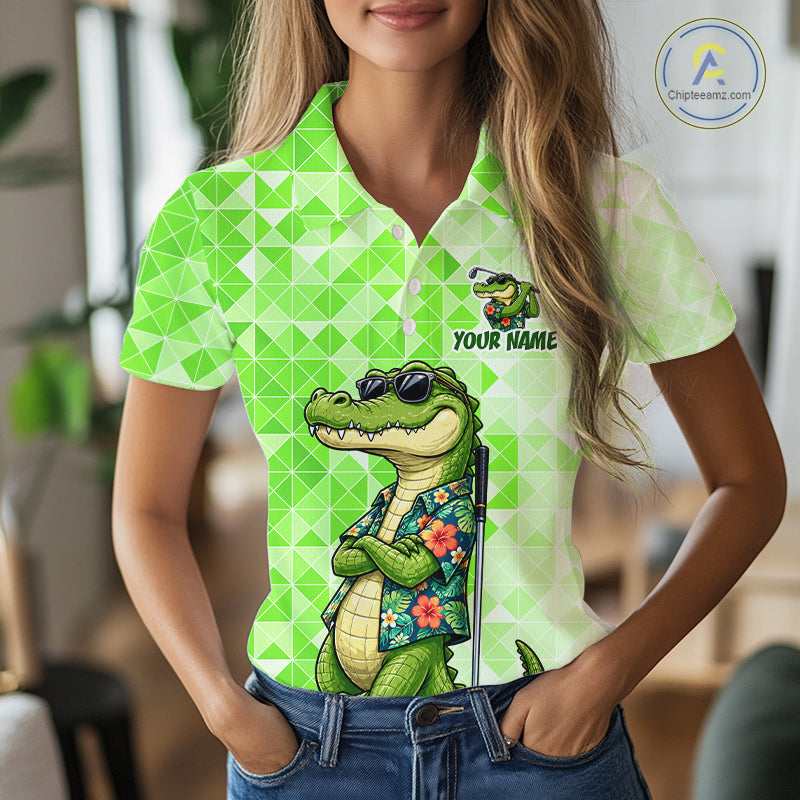 Funny Green Alligator Golf Polo Shirt Womens Custom Name Team Golf Shirts, Golf Gifts | Green NBT950