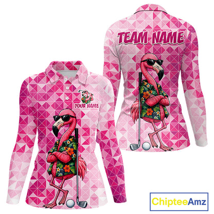 Funny Pink Flamingo Golf Polo Shirt Womens Custom Name Team Golf Shirts, Golf Gifts NBT956