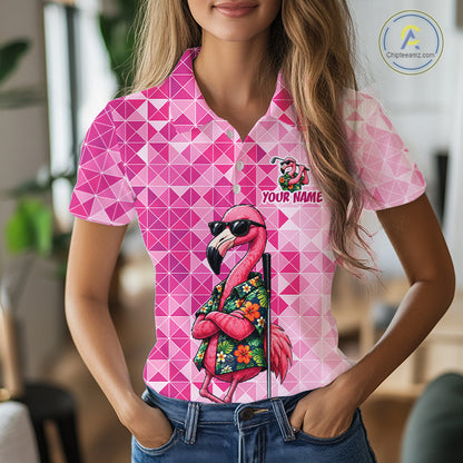 Funny Pink Flamingo Golf Polo Shirt Womens Custom Name Team Golf Shirts, Golf Gifts NBT956