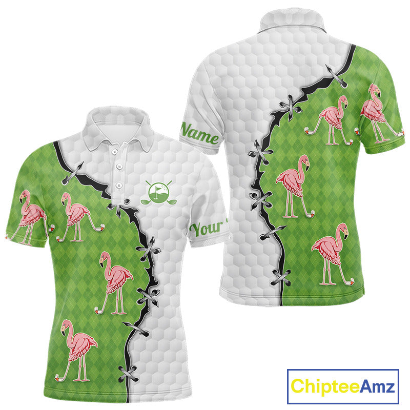 Funny Mens Golf Polo Shirt Green Argyle Flamingo Pattern Custom Name White Golf Shirt NBT558