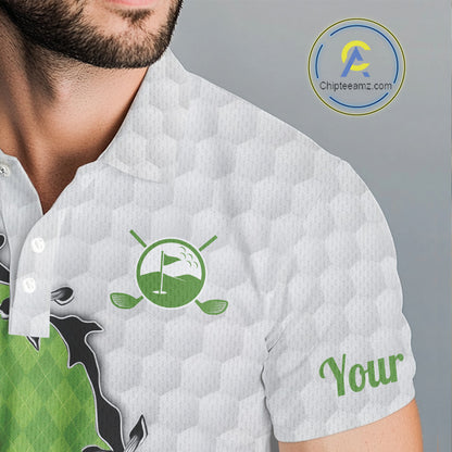 Funny Mens Golf Polo Shirt Green Argyle Flamingo Pattern Custom Name White Golf Shirt NBT558