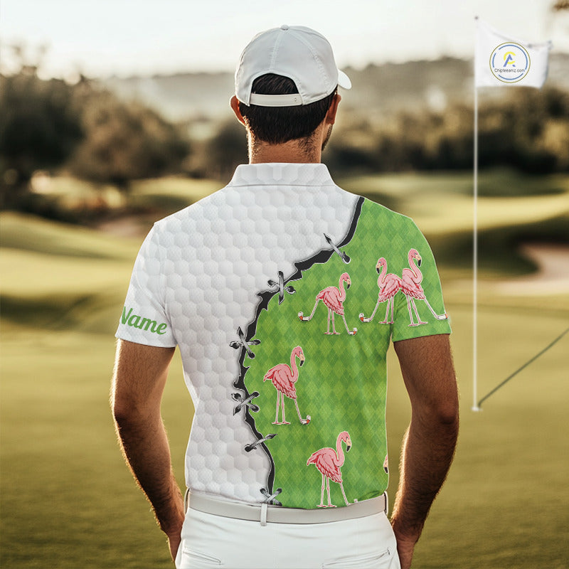 Funny Mens Golf Polo Shirt Green Argyle Flamingo Pattern Custom Name White Golf Shirt NBT558