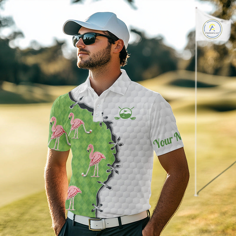 Funny Mens Golf Polo Shirt Green Argyle Flamingo Pattern Custom Name White Golf Shirt NBT558