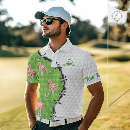 Funny Mens Golf Polo Shirt Green Argyle Flamingo Pattern Custom Name White Golf Shirt NBT558