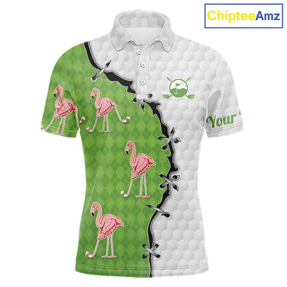 Funny Mens Golf Polo Shirt Green Argyle Flamingo Pattern Custom Name White Golf Shirt NBT558