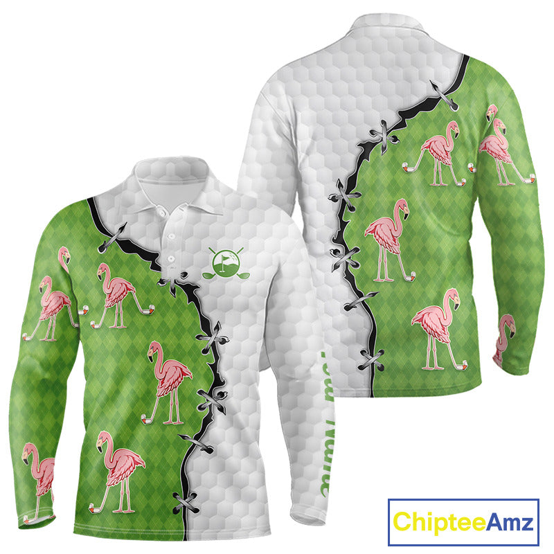 Funny Mens Golf Polo Shirt Green Argyle Flamingo Pattern Custom Name White Golf Shirt NBT558