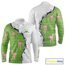 Load image into Gallery viewer, Funny Mens Golf Polo Shirt Green Argyle Flamingo Pattern Custom Name White Golf Shirt NBT558