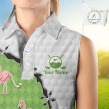 Load image into Gallery viewer, Funny Womens Sleeveless Golf Polo Shirt Green Argyle Flamingo Pattern Custom Name White Golf Shirt NBT558