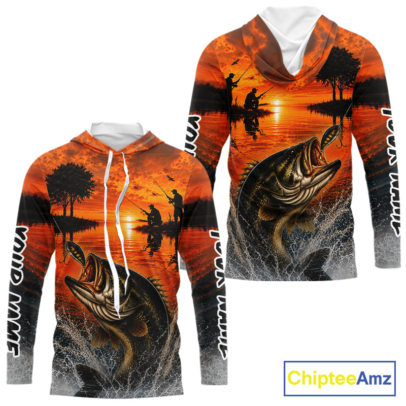 Sunset Bass Fishing Custom Name Long Sleeve Hooded Fishing Shirts, Bass Fishing Jerseys For Team NBT971
