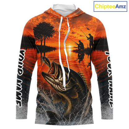 Sunset Bass Fishing Custom Name Long Sleeve Hooded Fishing Shirts, Bass Fishing Jerseys For Team NBT971