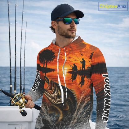 Sunset Bass Fishing Custom Name Long Sleeve Hooded Fishing Shirts, Bass Fishing Jerseys For Team NBT971