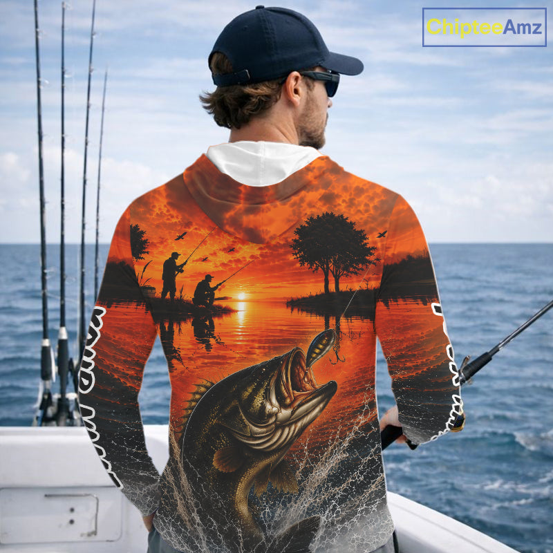 Sunset Bass Fishing Custom Name Long Sleeve Hooded Fishing Shirts, Bass Fishing Jerseys For Team NBT971