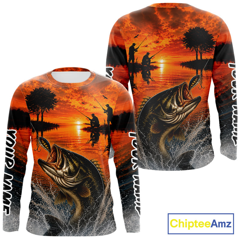 Sunset Bass Fishing Custom Name Long Sleeve Fishing Shirts, Bass Fishing Jerseys For Team NBT971