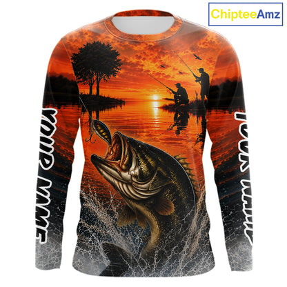 Sunset Bass Fishing Custom Name Long Sleeve Fishing Shirts, Bass Fishing Jerseys For Team NBT971