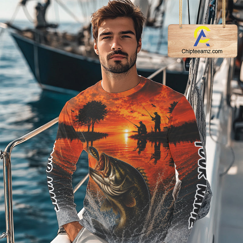 Sunset Bass Fishing Custom Name Long Sleeve Fishing Shirts, Bass Fishing Jerseys For Team NBT971