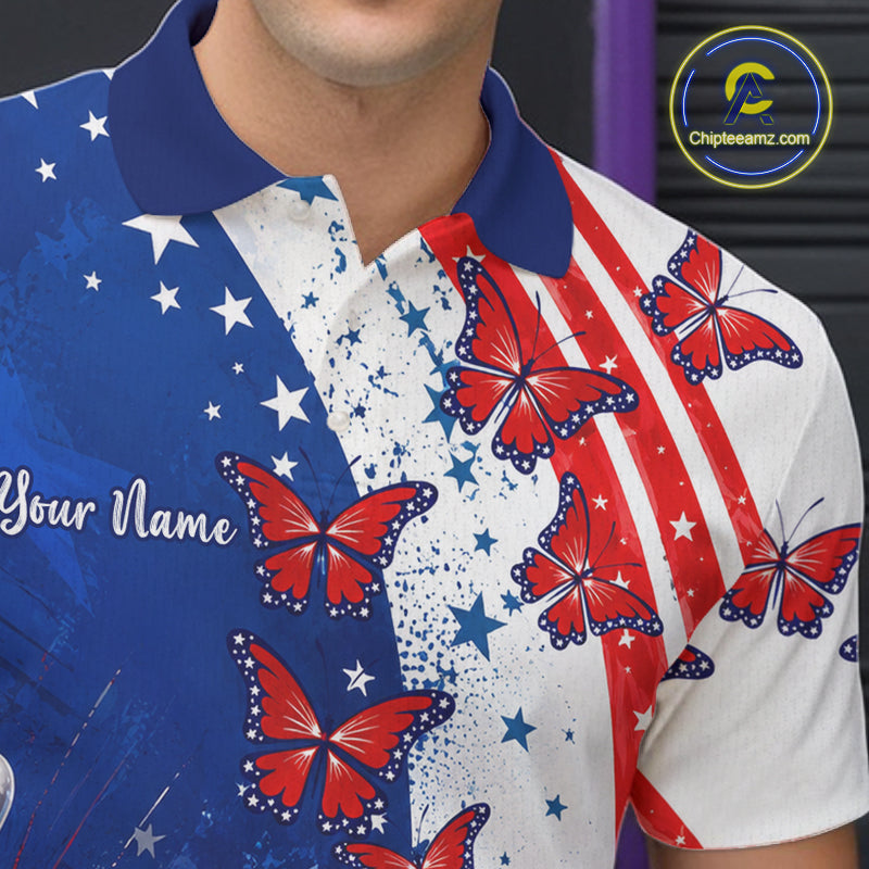 American Flag Butterfly Custom Patriotic Bowling Shirts For Men, Bowling League Shirts NBT973