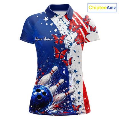American Flag Butterfly Custom Patriotic Bowling Shirts For Women, Bowling League Shirts NBT973