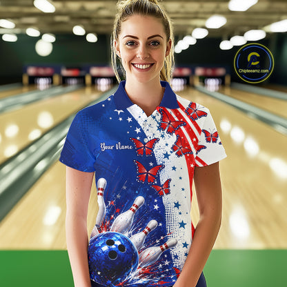 American Flag Butterfly Custom Patriotic Bowling Shirts For Women, Bowling League Shirts NBT973
