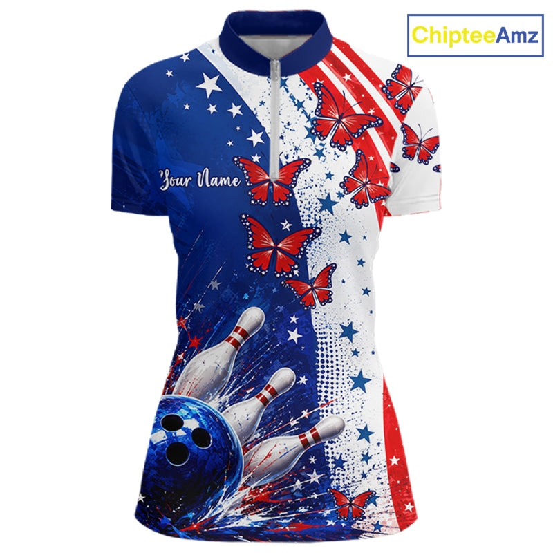American Flag Butterfly Custom Patriotic Bowling Shirts For Women, Bowling League Shirts NBT973
