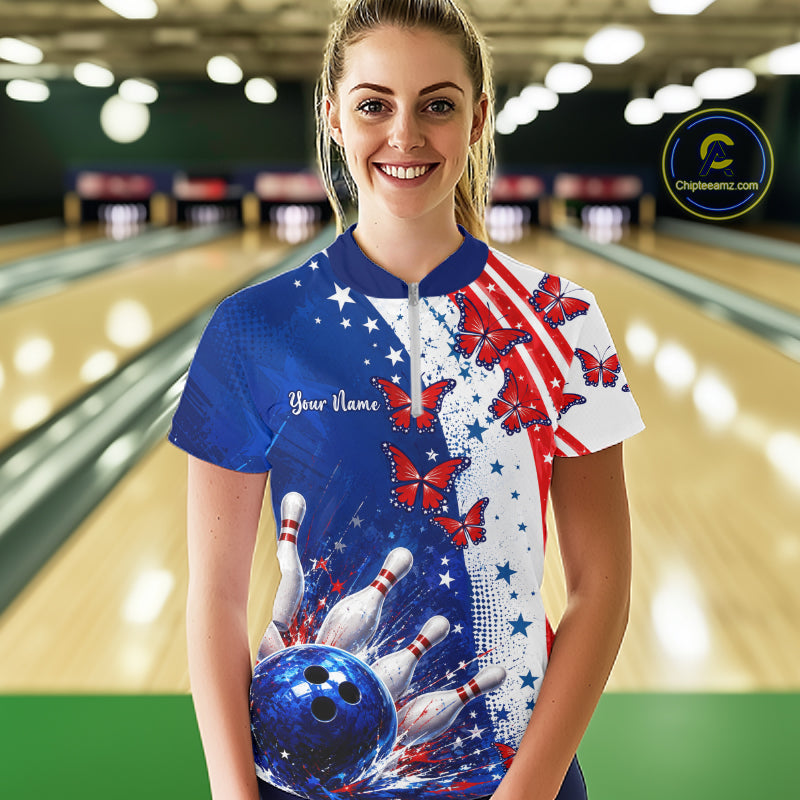 American Flag Butterfly Custom Patriotic Bowling Shirts For Women, Bowling League Shirts NBT973