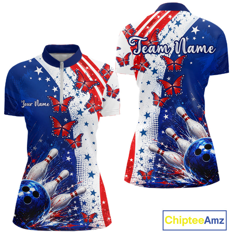 American Flag Butterfly Custom Patriotic Bowling Shirts For Women, Bowling League Shirts NBT973