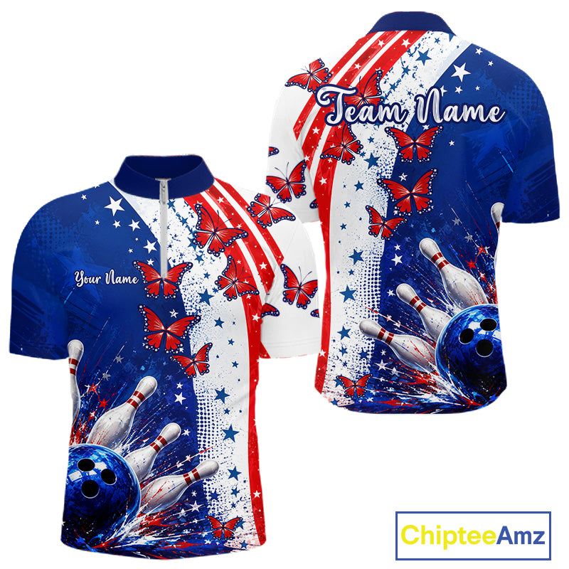 American Flag Butterfly Custom Patriotic Bowling Shirts For Men, Bowling League Shirts NBT973