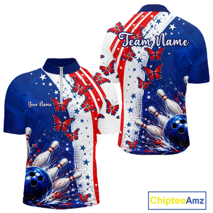 American Flag Butterfly Custom Patriotic Bowling Shirts For Men, Bowling League Shirts NBT973