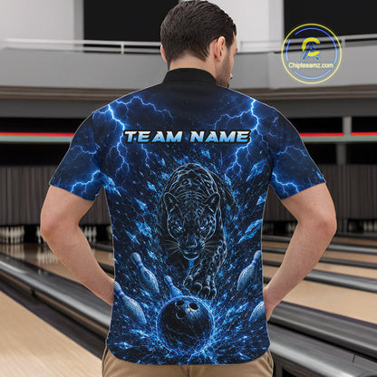 Custom Blue Thunder Lightning Leopard Men Bowling Shirts, Thunder Bowling Team Shirts NBT974