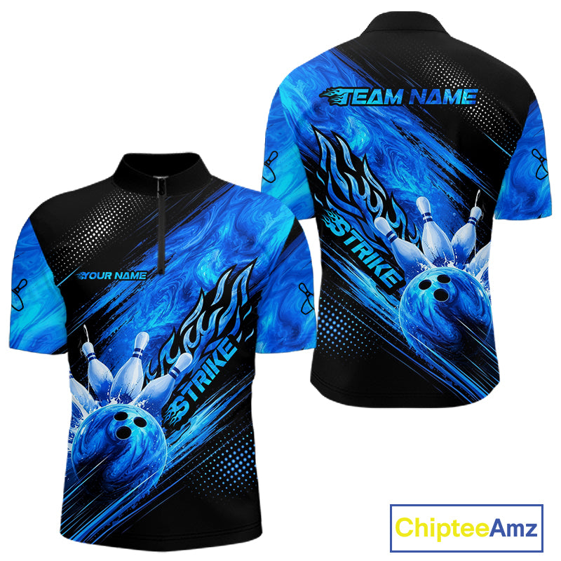 Blue Neon Strike Bowling Polo & 1/4 Quarter Zip Shirts For Men, Custom Bowling Team Shirts NBT975