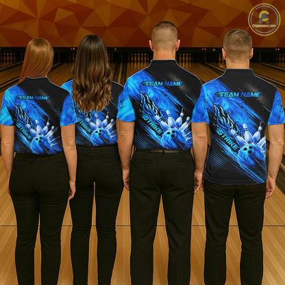 Blue Neon Strike Bowling Polo & 1/4 Quarter Zip Shirts For Men, Custom Bowling Team Shirts NBT975