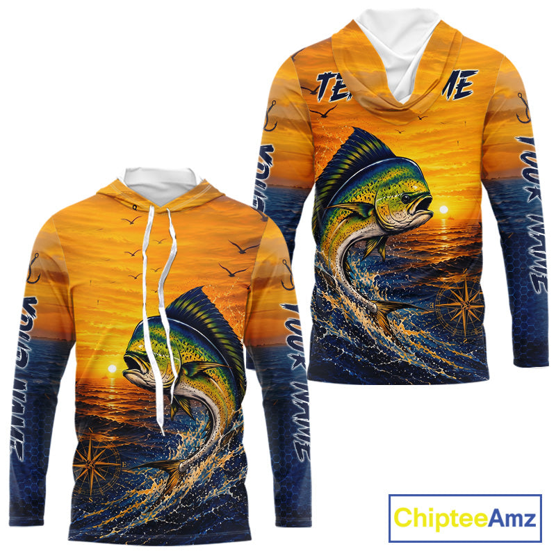 Front and back view of Mahi Mahi fishing sunset custom long sleeve hooded fishing shirt for offshore anglers