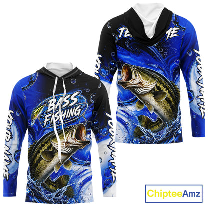 Largemouth Bass Fishing Blue Camo Long Sleeve Hooded Fishing Shirt Custom Bass Fishing Jerseys For Team NBT985