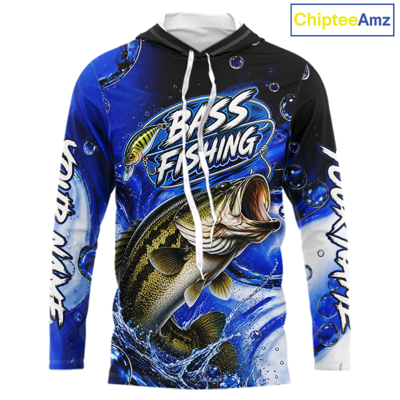 Largemouth Bass Fishing Blue Camo Long Sleeve Hooded Fishing Shirt Custom Bass Fishing Jerseys For Team NBT985