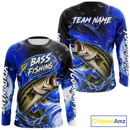 Largemouth Bass Fishing Blue Camo Long Sleeve Fishing Shirt Custom Bass Fishing Jerseys For Team NBT985