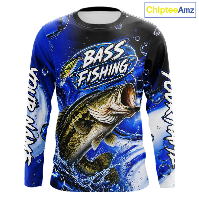 Largemouth Bass Fishing Blue Camo Long Sleeve Fishing Shirt Custom Bass Fishing Jerseys For Team NBT985