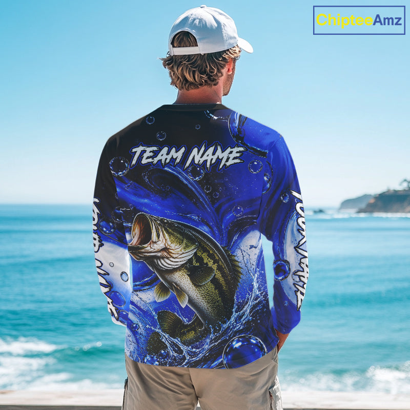 Largemouth Bass Fishing Blue Camo Long Sleeve Fishing Shirt Custom Bass Fishing Jerseys For Team NBT985