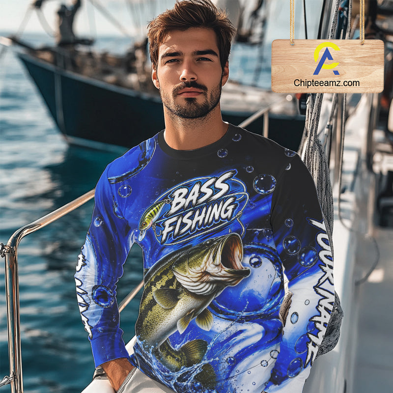 Largemouth Bass Fishing Blue Camo Long Sleeve Fishing Shirt Custom Bass Fishing Jerseys For Team NBT985