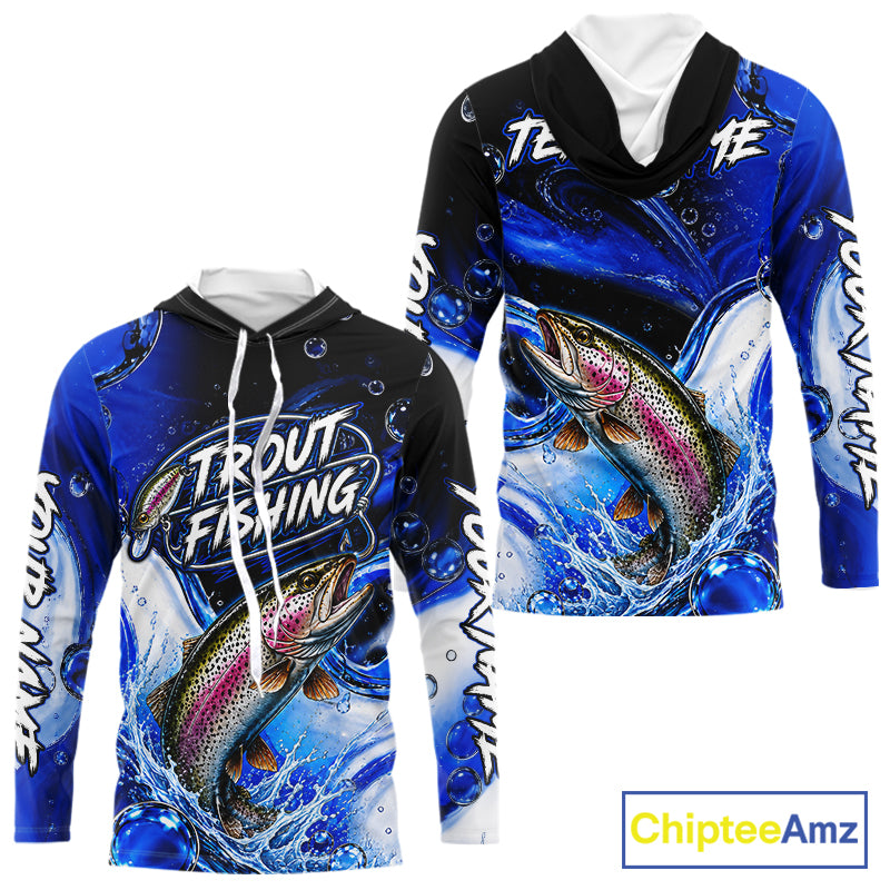 Trout Fishing Blue Camo Long Sleeve Hooded Fishing Shirt Custom Trout Fishing Jerseys For Team NBT986