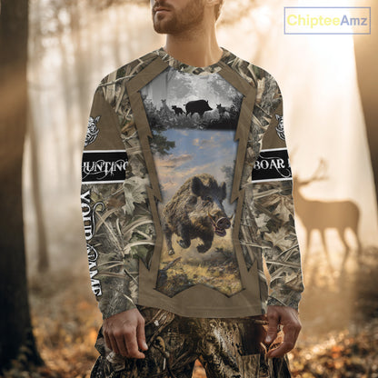 Brown Camo Wild Boar Hunting Shirt Custom Name Hunting Clothes Gifts for Hunter NBT125