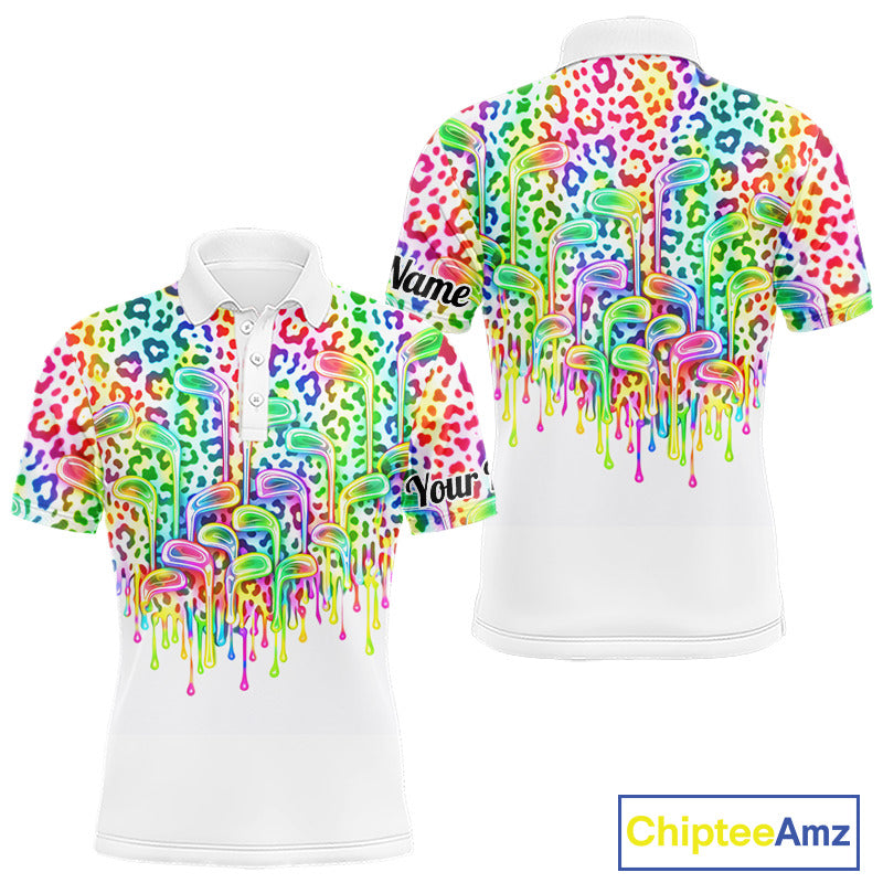 Mens Golf Polo Shirts Colorful Neon Watercolor Leopard Custom Name White Golf Shirts NBT509