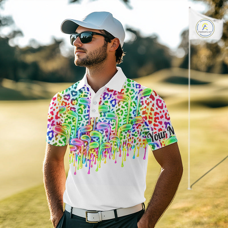 Mens Golf Polo Shirts Colorful Neon Watercolor Leopard Custom Name White Golf Shirts NBT509