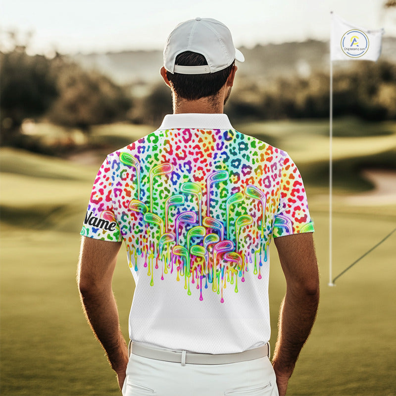 Mens Golf Polo Shirts Colorful Neon Watercolor Leopard Custom Name White Golf Shirts NBT509