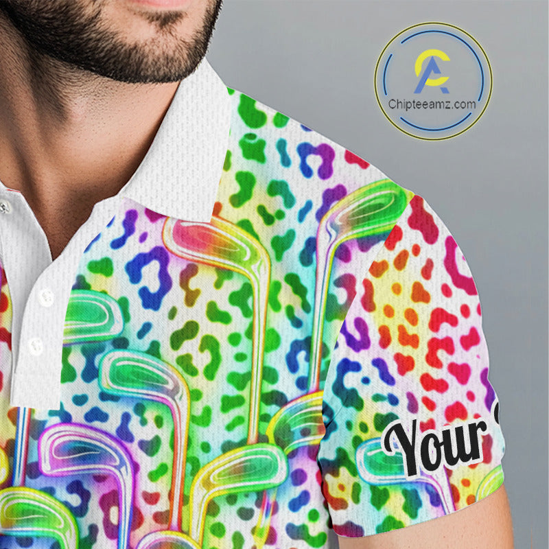 Mens Golf Polo Shirts Colorful Neon Watercolor Leopard Custom Name White Golf Shirts NBT509