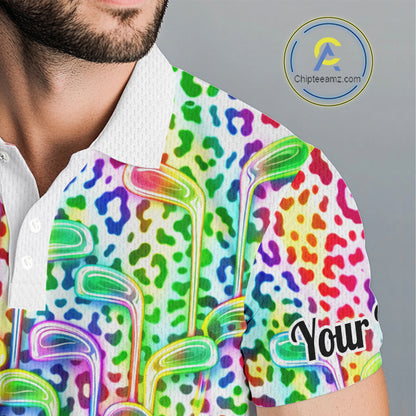Mens Golf Polo Shirts Colorful Neon Watercolor Leopard Custom Name White Golf Shirts NBT509